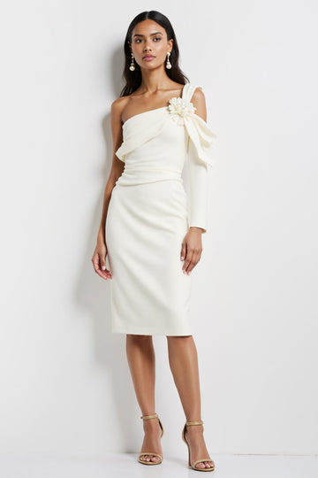One Shoulder White Bodycon Midi Work Dress With 3D Flower
